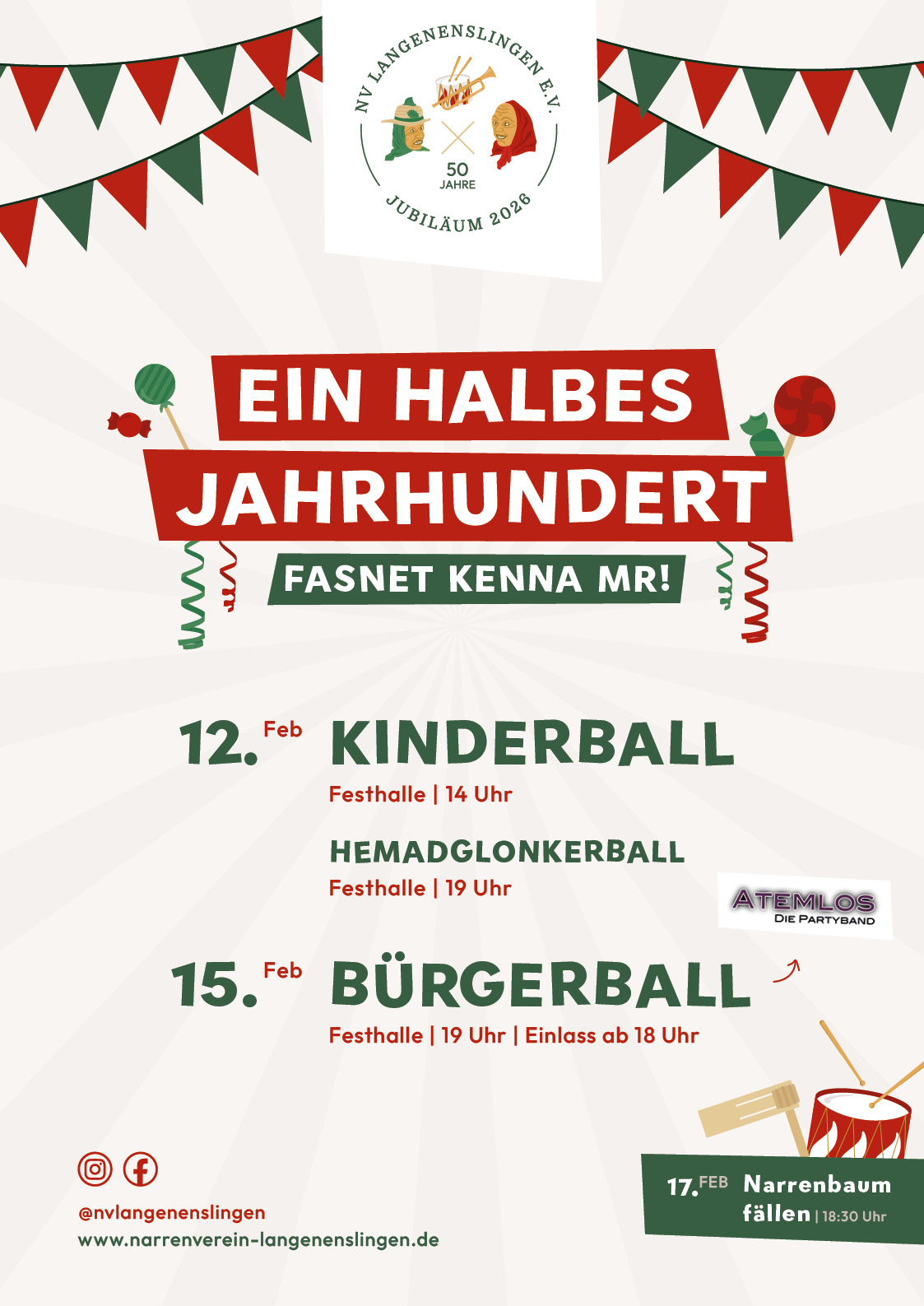 Fasnet 2024 unter dem Motto: Dschungelfieber – Die Affen sind los. 27. Februar 14 Uhr Kinderball in der Festhalle 18 Uhr Narrenbaum stellen am Rathausplatz 19 Uhr Hemadglonkerball in der Festhalle / 02. März 19 Uhr Bürgerball in der Festhalle